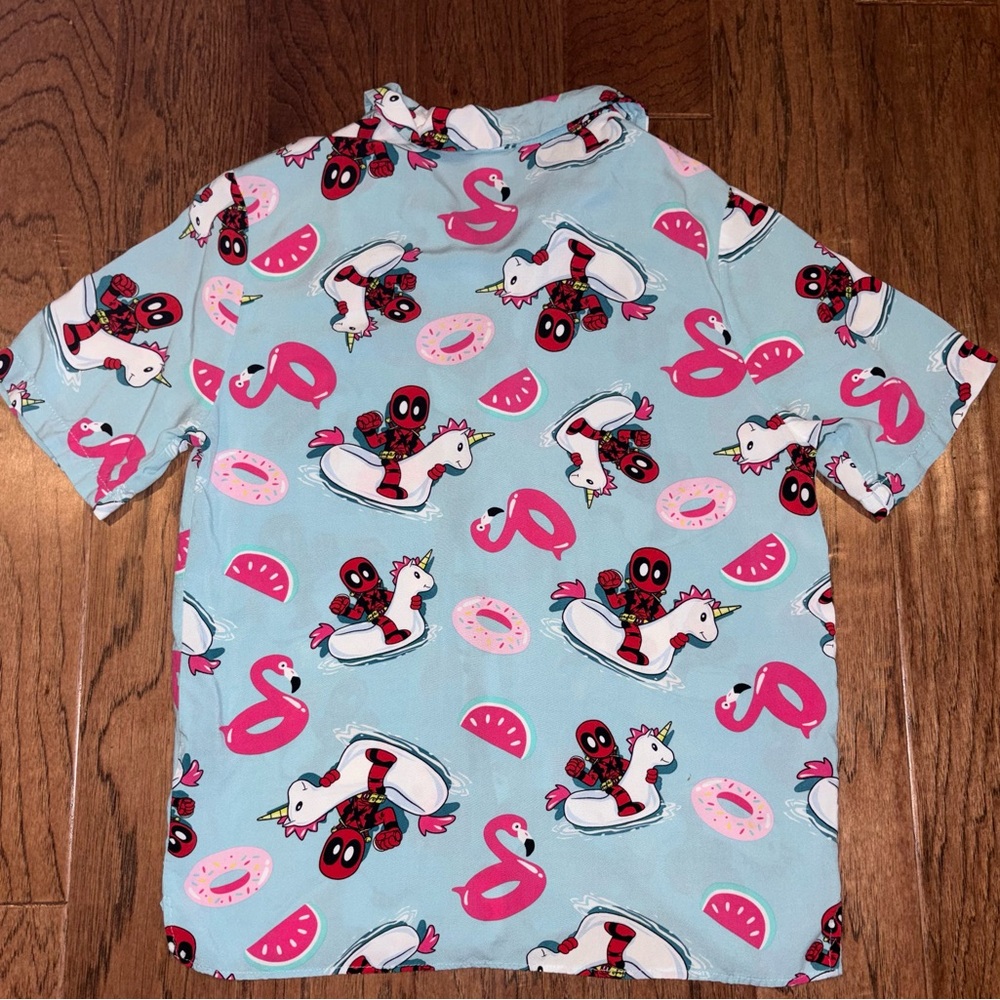 Marvel Deadpool Unicorn and Donut Casual Button Down Shirt Hawaiian Size Medium - Picture 3 of 7
